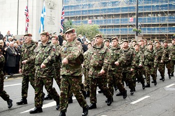 Soldiers march past the Cenotaph - Remembrance Sunday Glasgow 2011