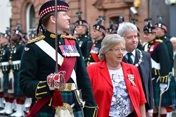 Provost Mike Robbins and Marjory McLachlan Lord Lieutenant Inspect Argyll and Sutherland Highlanders - Stirling 2013
