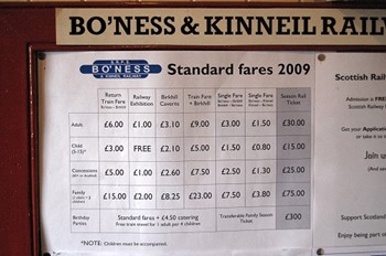 Ticket Prices 2009, Bo'ness and Kinneil Railway