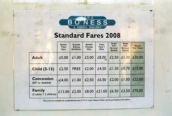 Ticket Prices 2008, Bo'ness and Kinneil Railway, Scotland