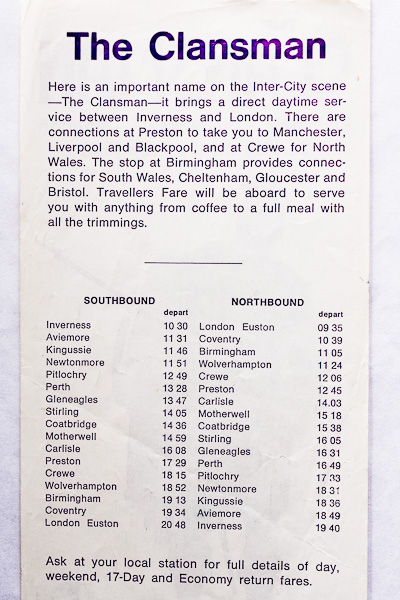 The Clansman Timetable Inverness to London Esuton 1976